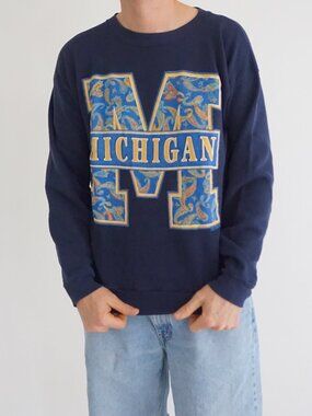 Vintage Tultex Navy Paisley Michigan Wolverines Logo Sweatshirt Collegiate Large